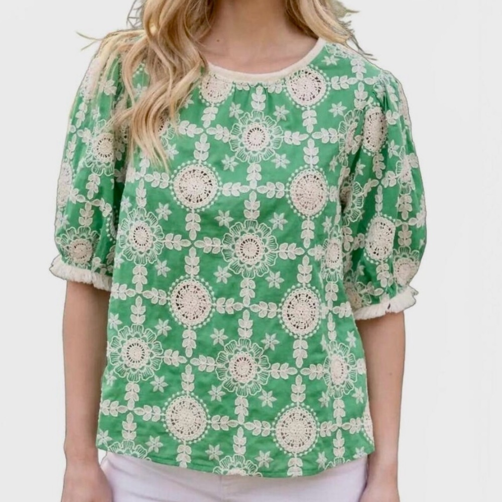 #10) Elegant Green Floral Embroidered Top